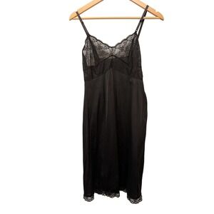 Vintage Vassarette Black Lace Trim Full Slip Dress Satin Lingerie Nightgown